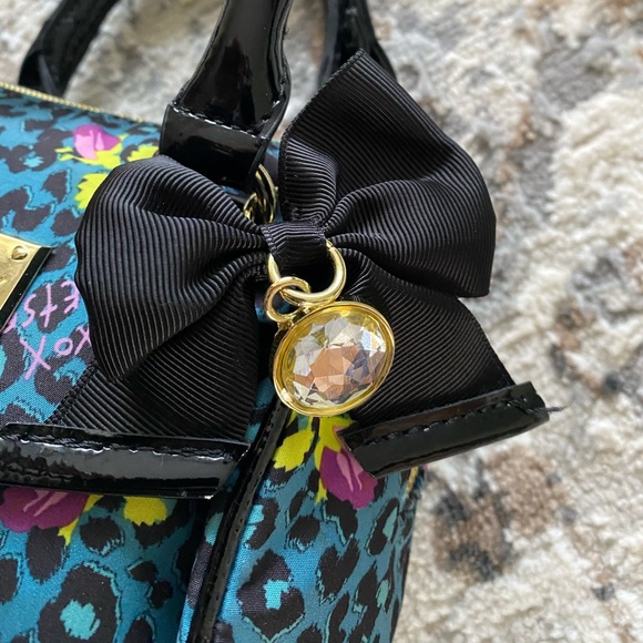 Betsey Johnson Mini Handle Bag Leopard Animal Print Floral Rose Pattern Teal - Picture 3 of 16
